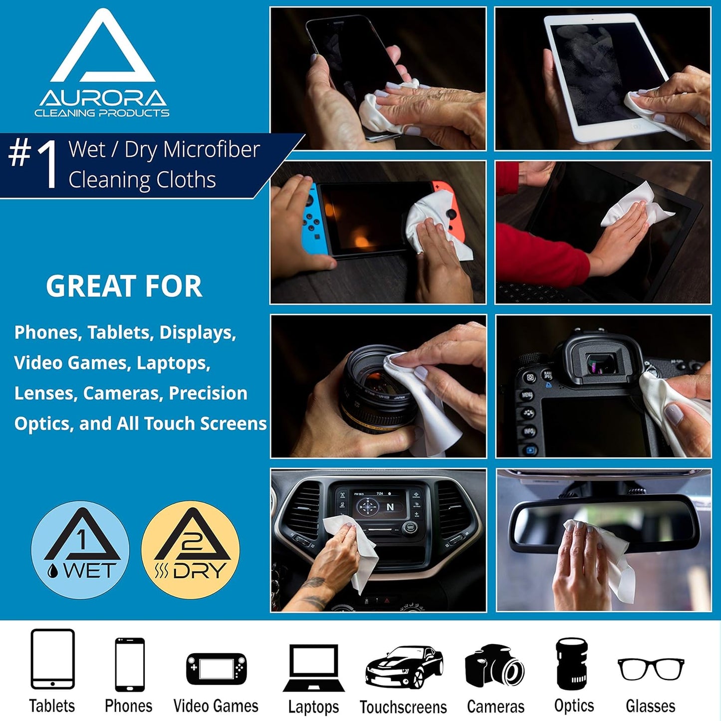 Aurora Microfiber cleaning Cloths Wet & Dry 6 Pack